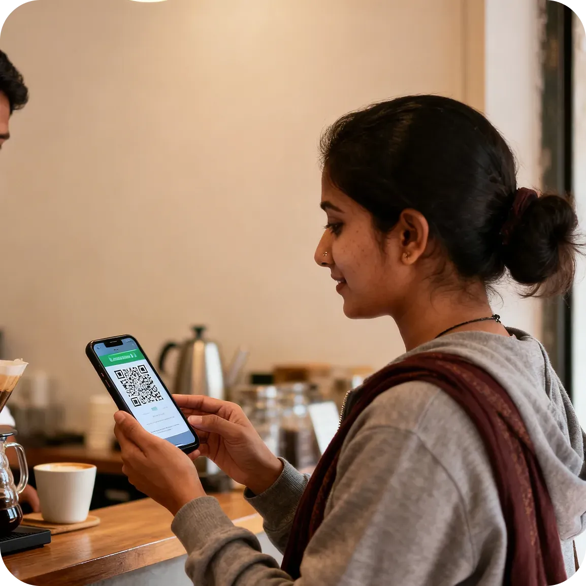 Woman using a phone to scan a QR code at a shop counter