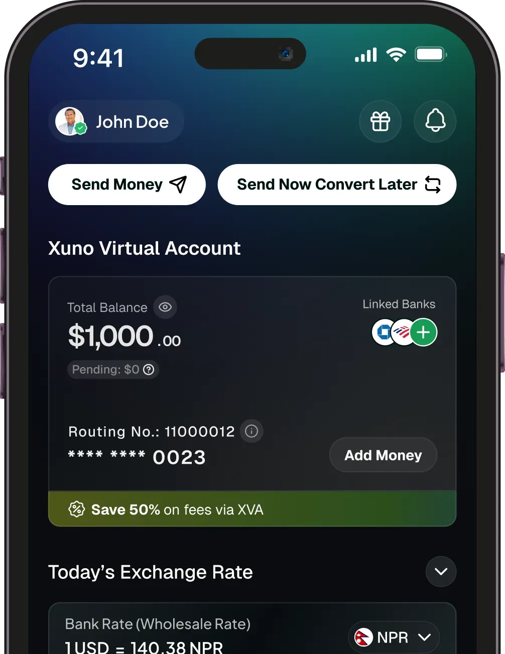 Xuno app screen showing a virtual account and exchange rate tools