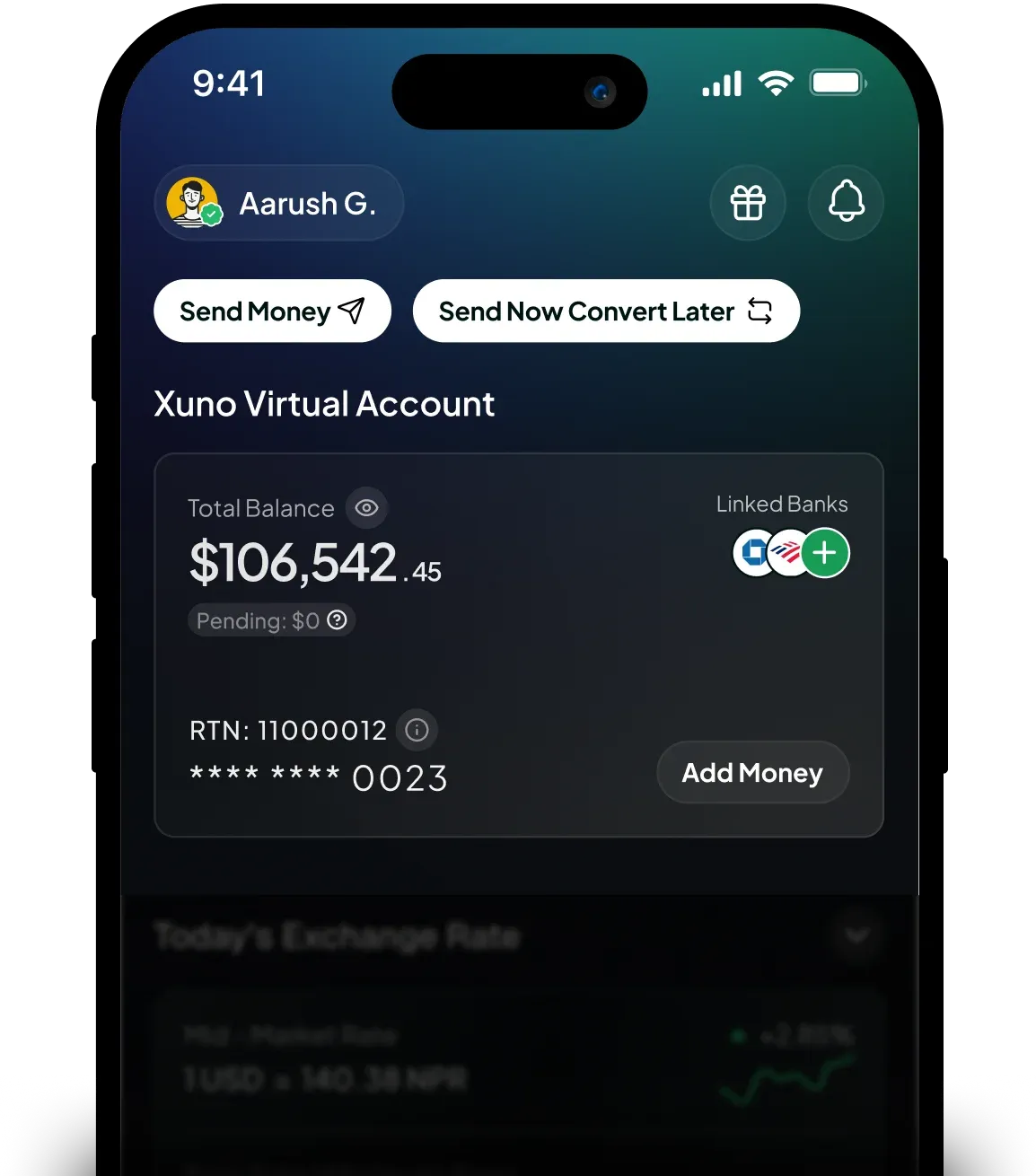 Xuno virtual account app screen