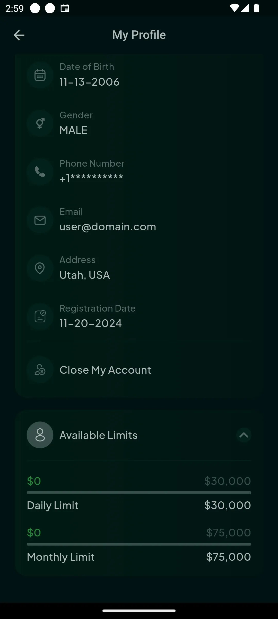 Xuno app account closure confirmation screen