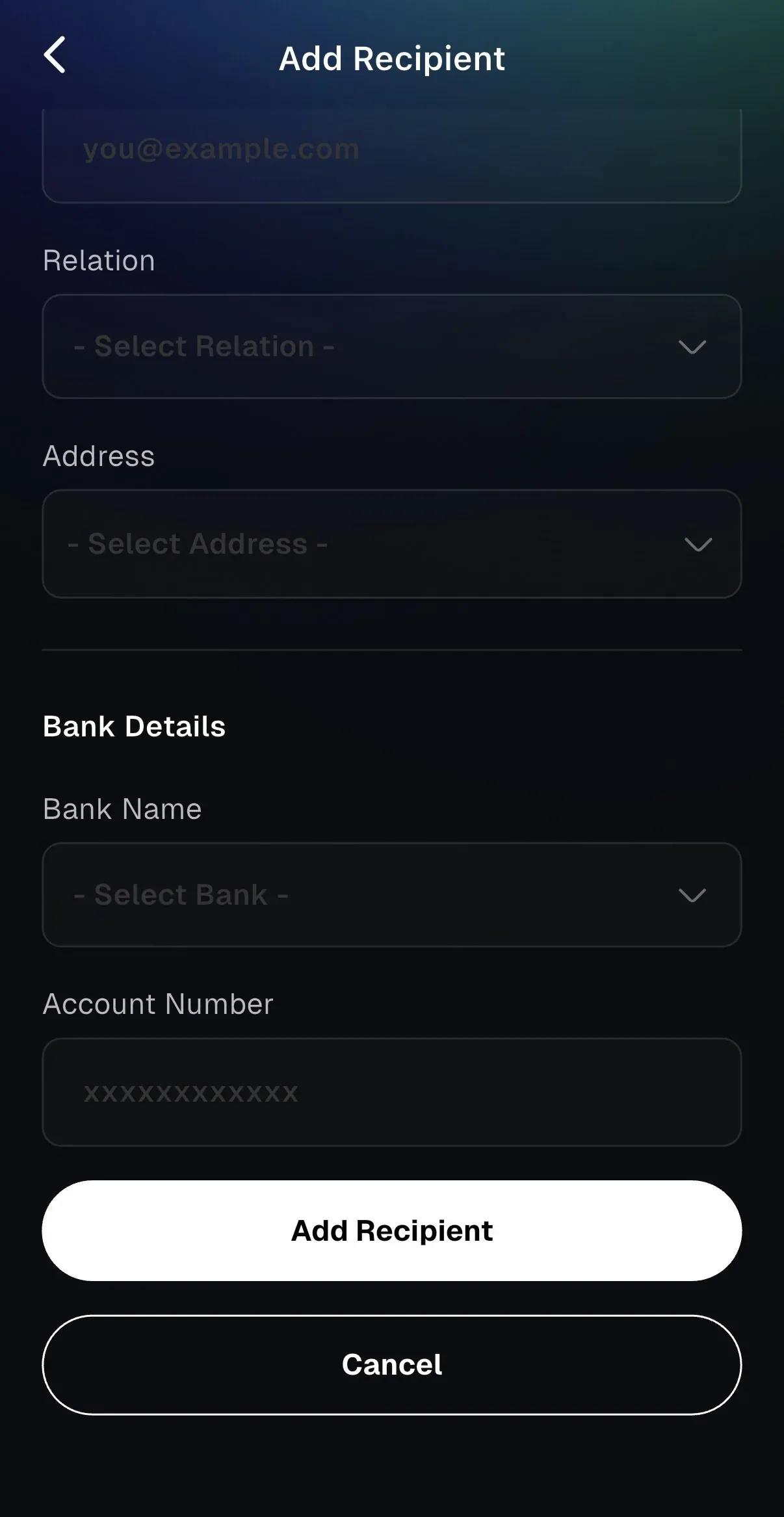 Add recipient bank details screen with the bank name dropdown and account number field
