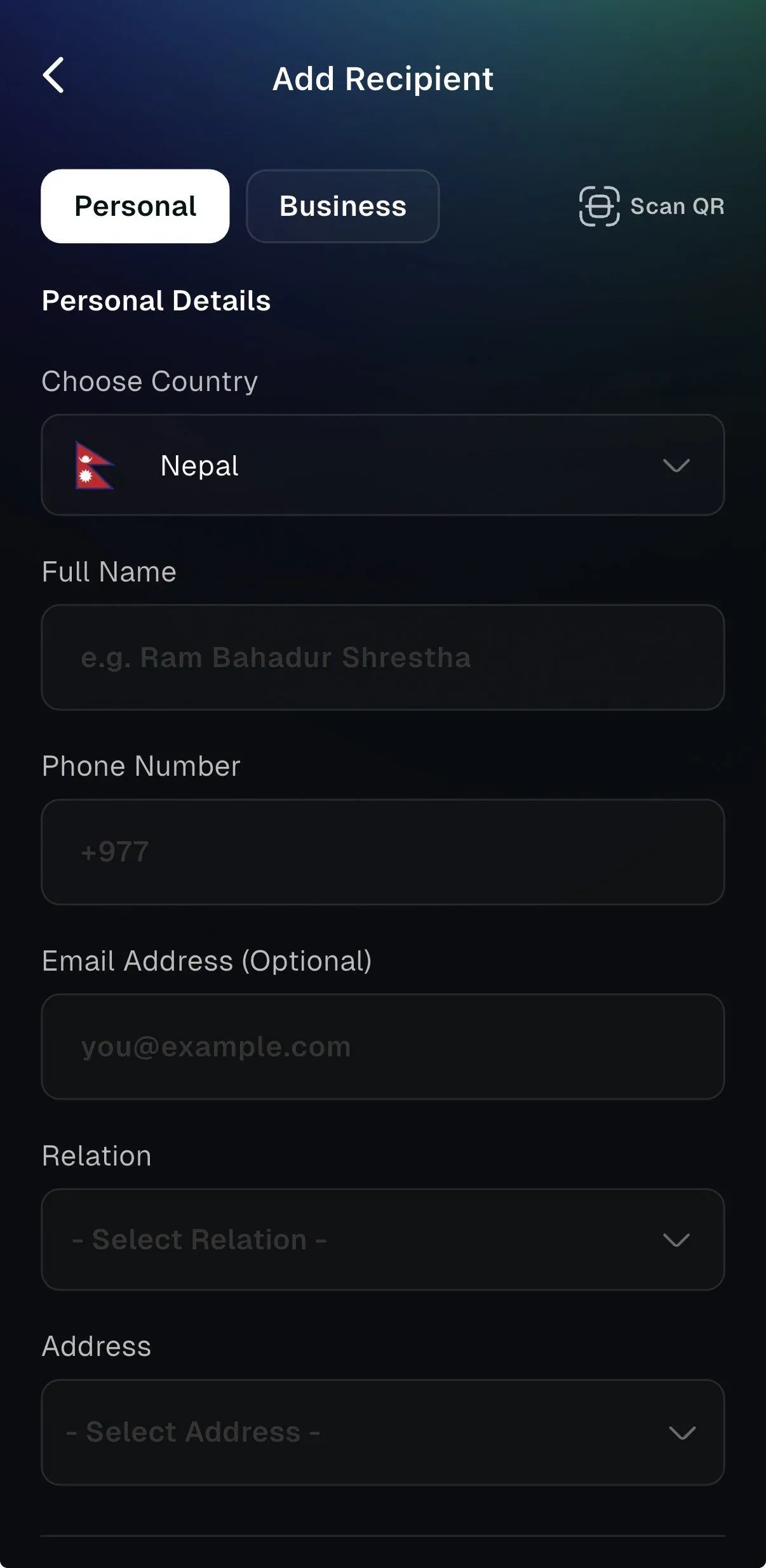Add recipient personal details screen with Nepal selected as the country