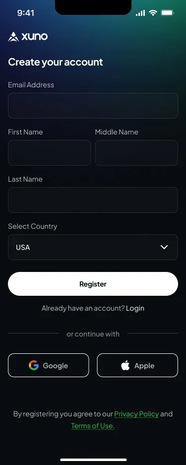 Xuno create-account screen with email, name and country fields