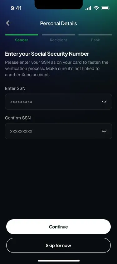 Xuno identity verification screen for entering and confirming your SSN