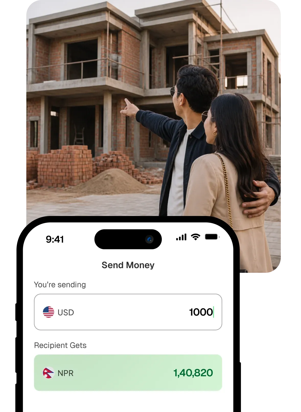 A couple planning their new home beside a preview of Xuno's large-transfer payment screen