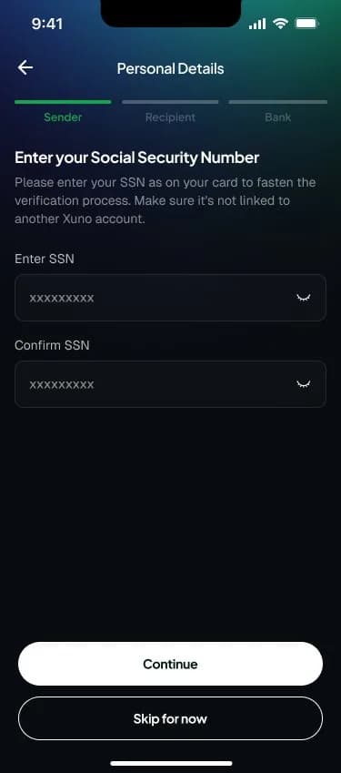 Xuno identity verification screen for entering and confirming your SSN